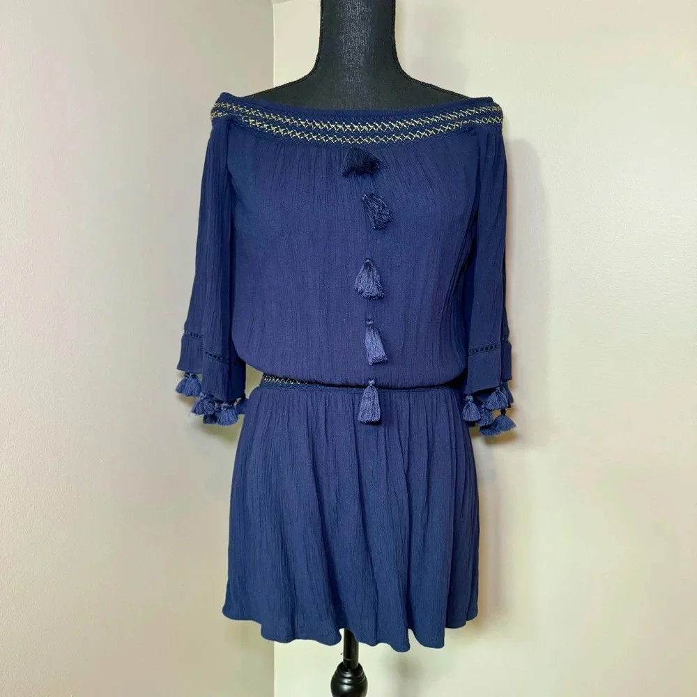 Lilly Pulitzer Joelle Off Shoulder True Navy Blue Mini Dress size XS‎ tassels
